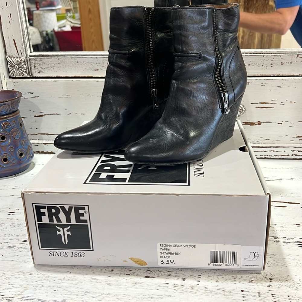 Frye black wedge booties